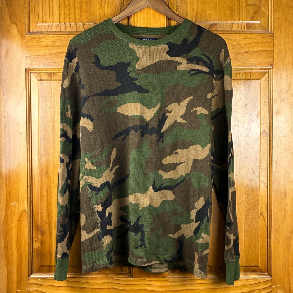 Polo Ralph Lauren Camo Waffle Knit Thermal Shirt Size L Long Sleeve Sleepwear